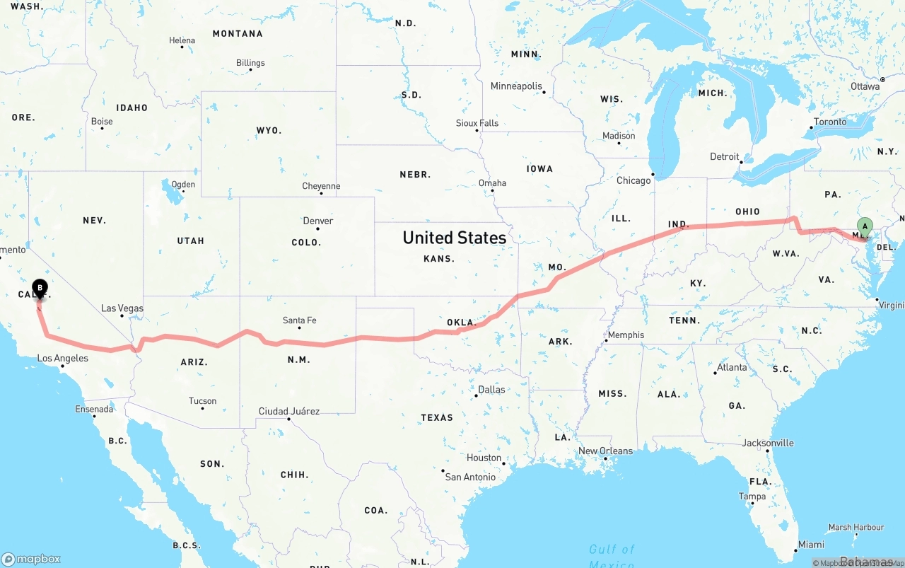 Shipping route from Port of Baltimore to California