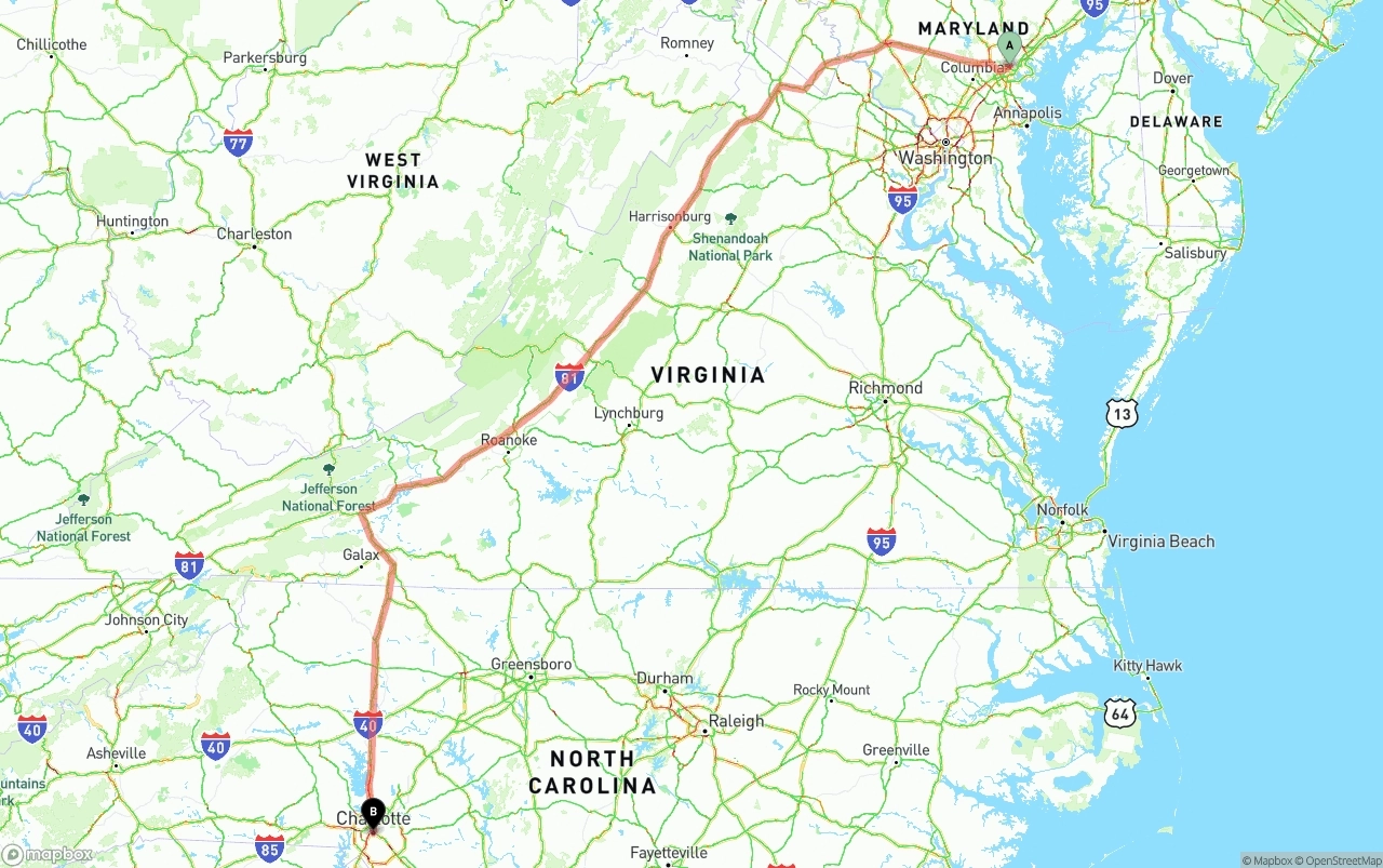 Shipping route from Port of Baltimore to Charlotte