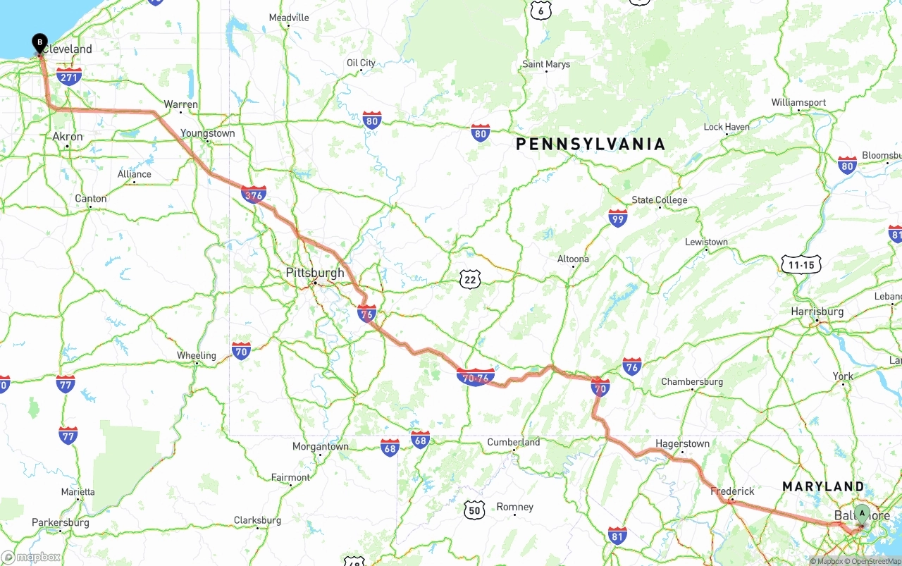 Shipping route from Port of Baltimore to Cleveland