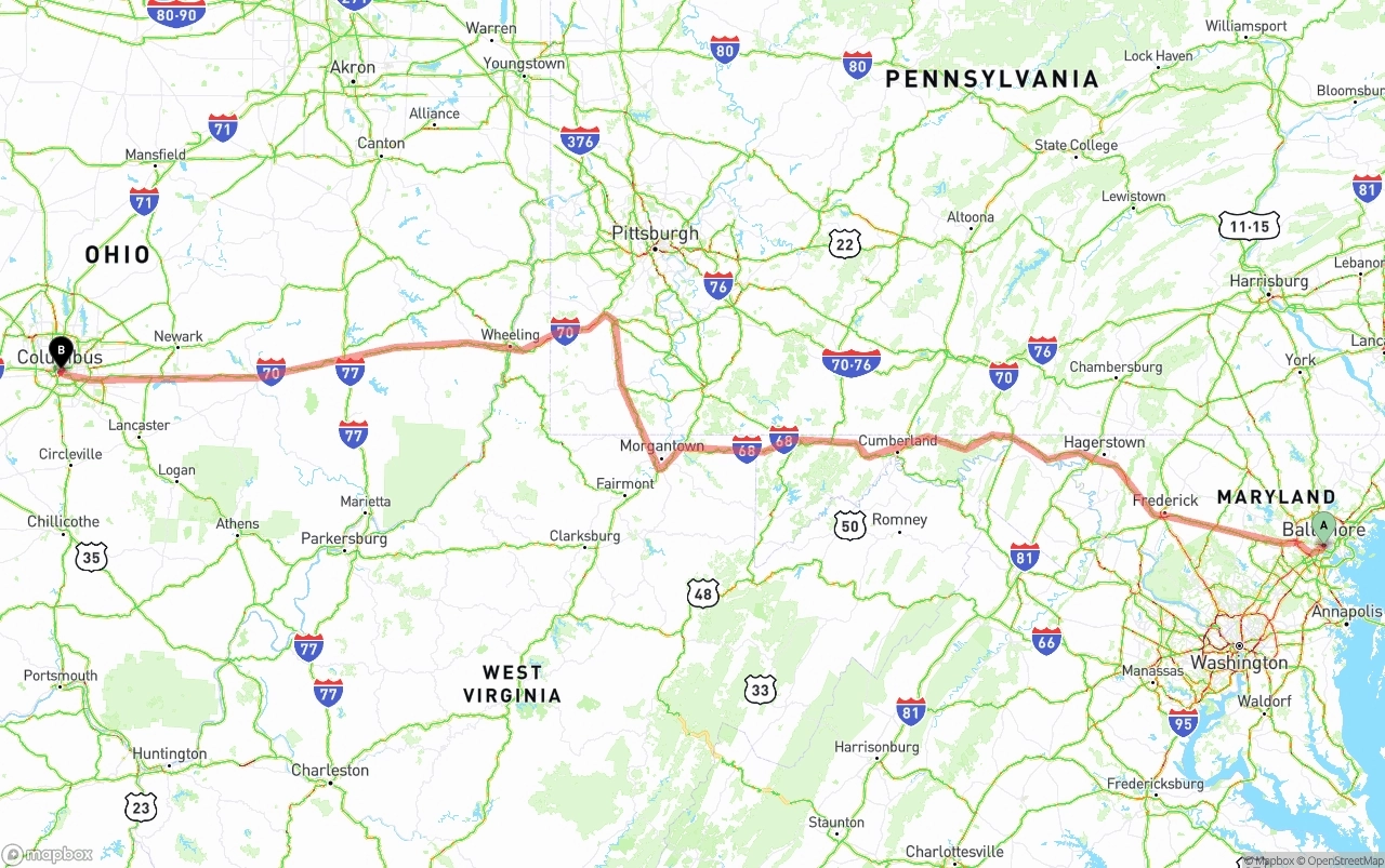 Shipping route from Port of Baltimore to Columbus