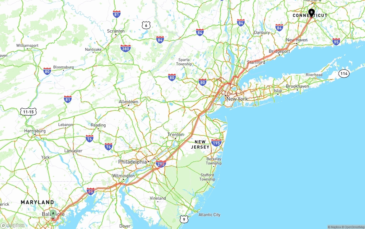 Shipping route from Port of Baltimore to Connecticut