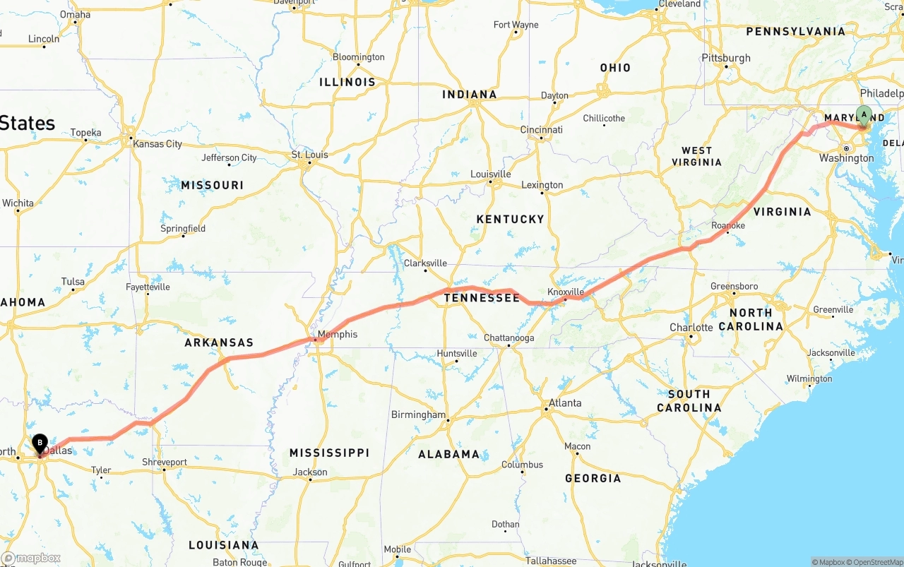 Shipping route from Port of Baltimore to Dallas
