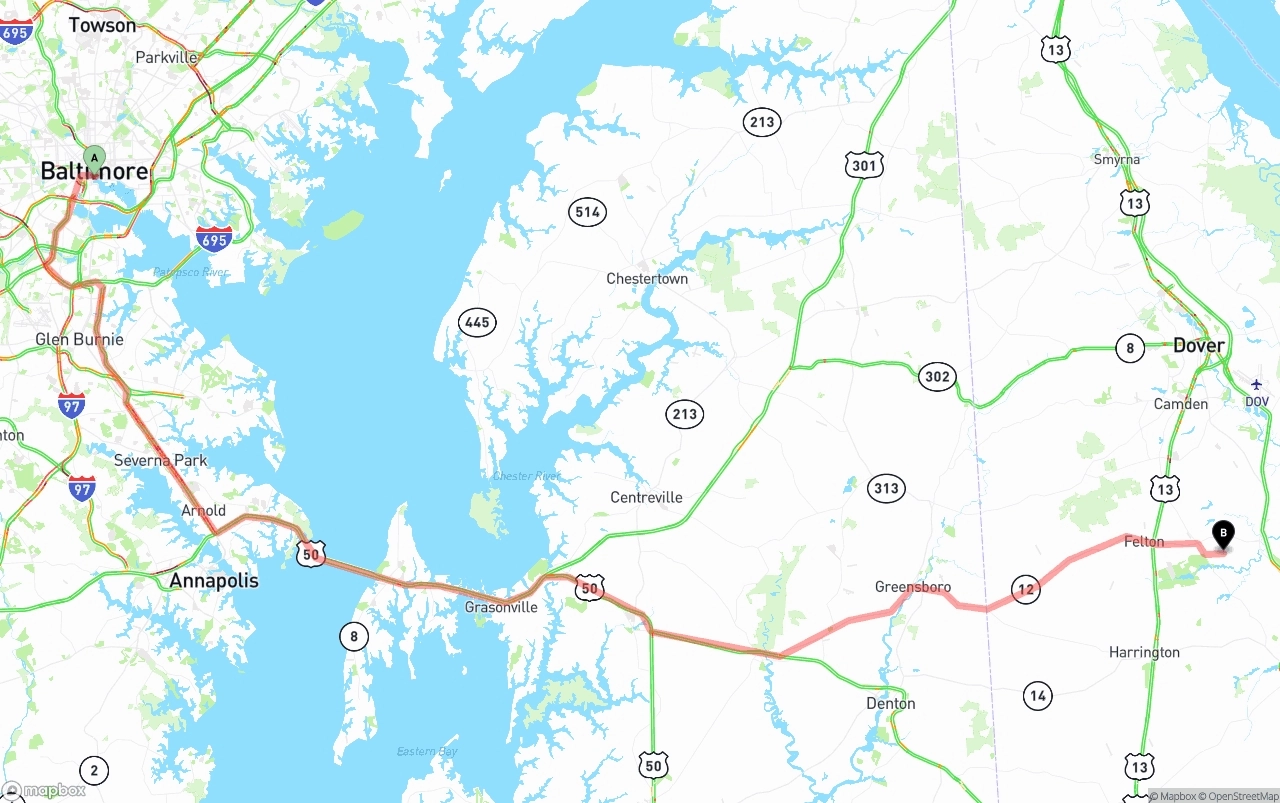 Shipping route from Port of Baltimore to Delaware