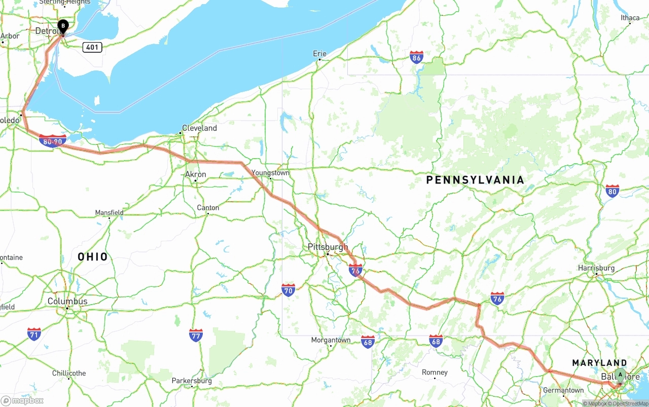 Shipping route from Port of Baltimore to Detroit