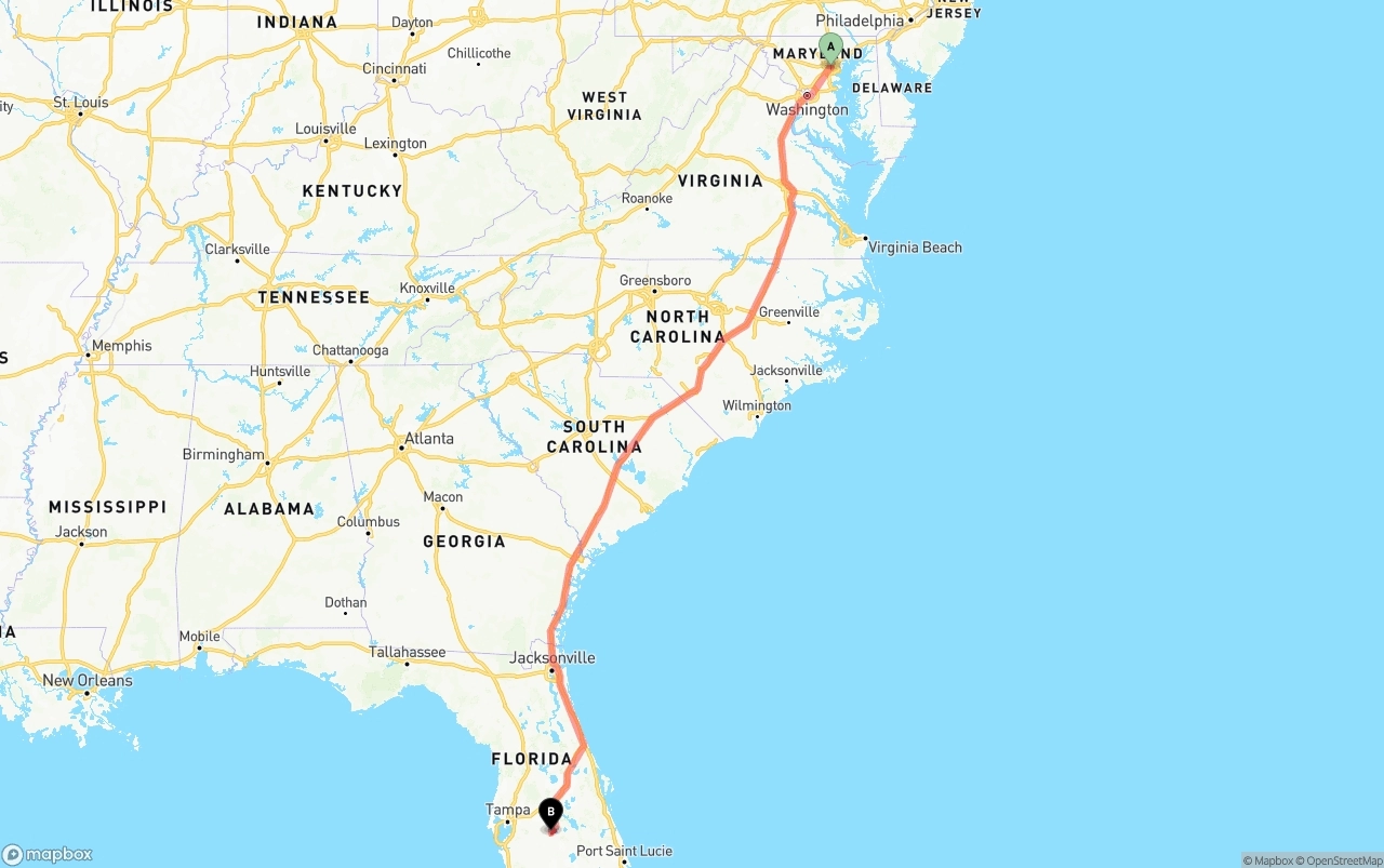 Shipping route from Port of Baltimore to Florida