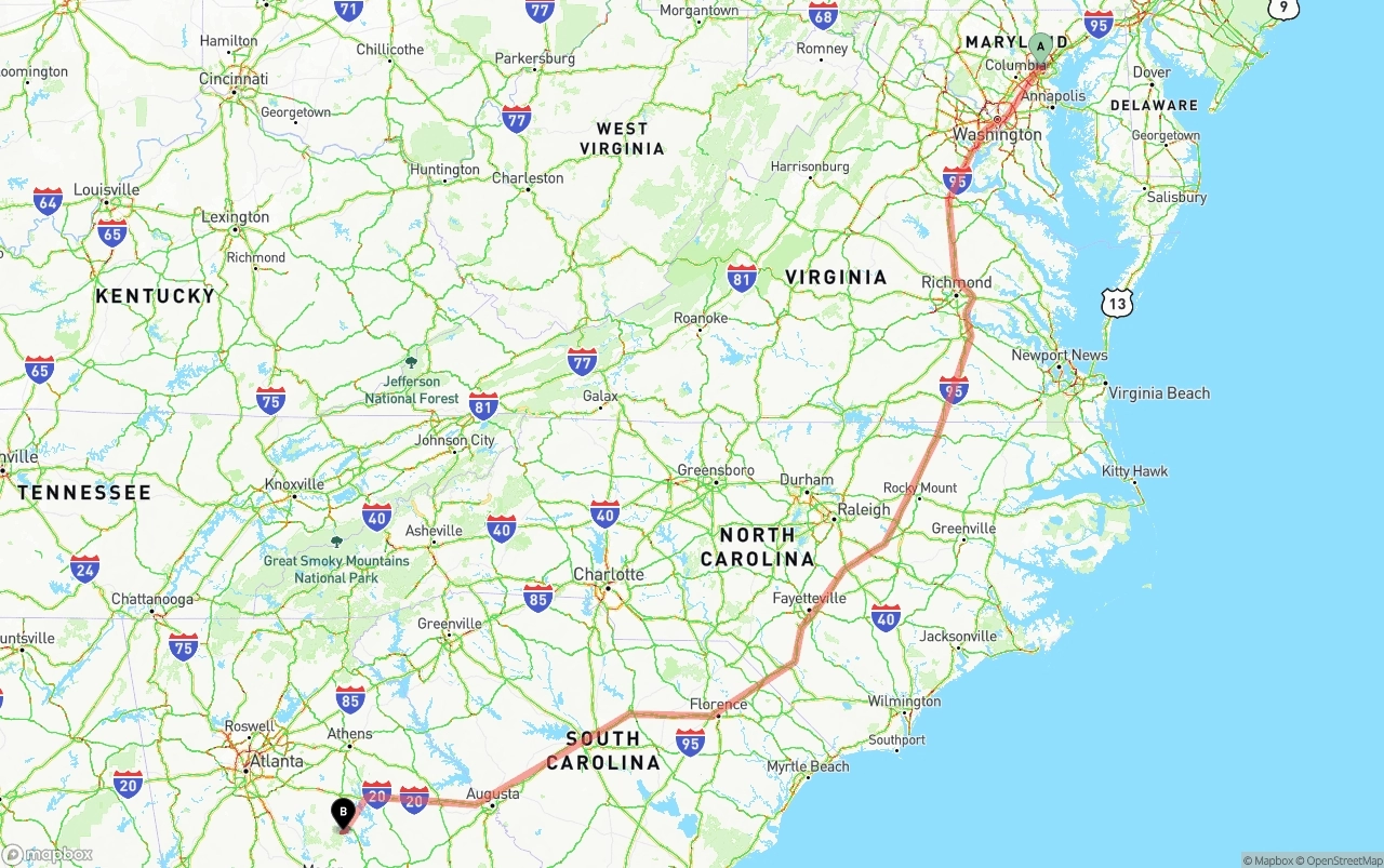 Shipping route from Port of Baltimore to Georgia