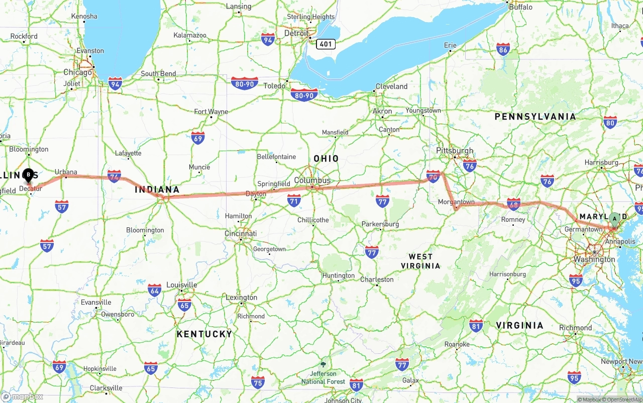 Shipping route from Port of Baltimore to Illinois