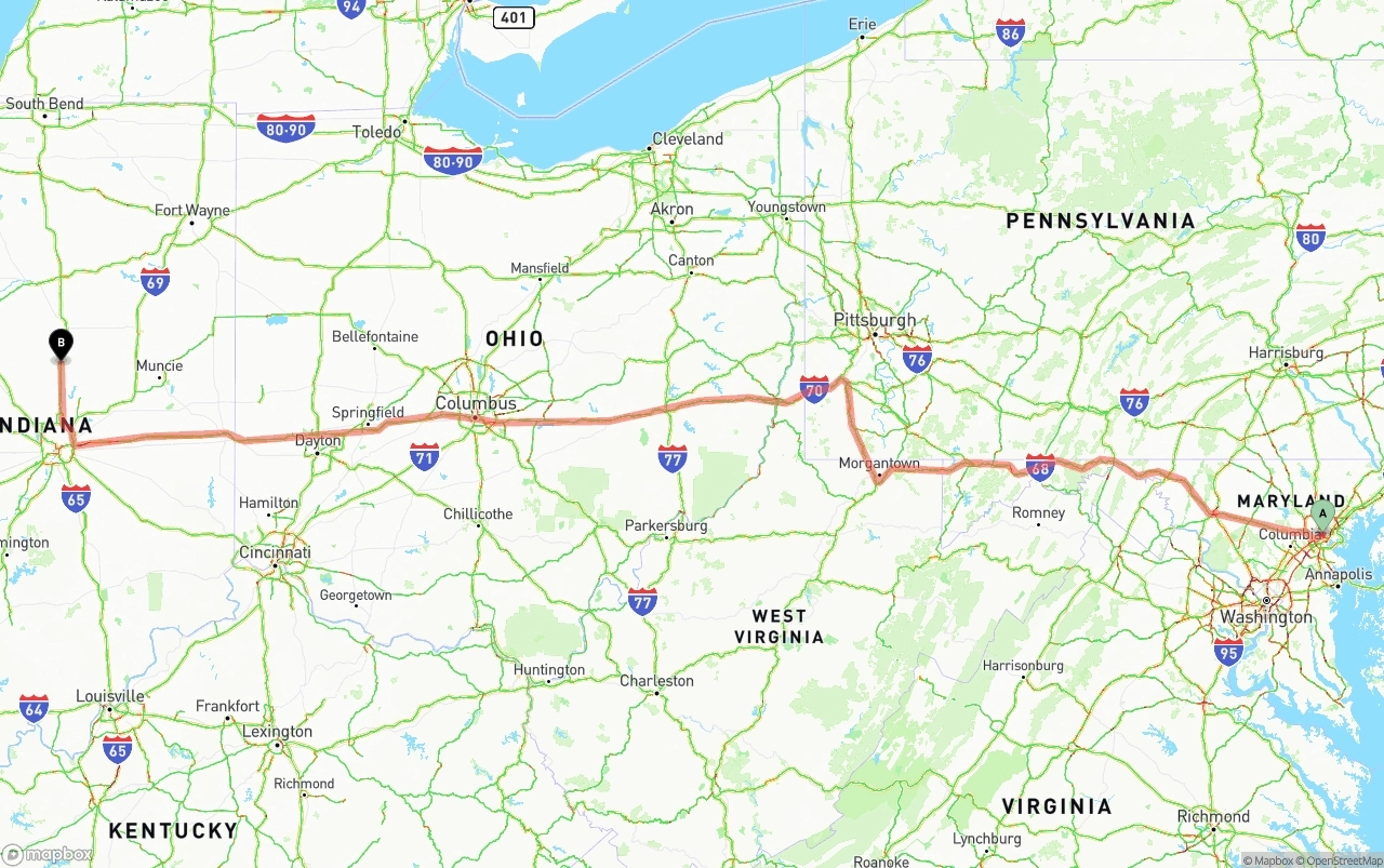 Shipping route from Port of Baltimore to Indiana