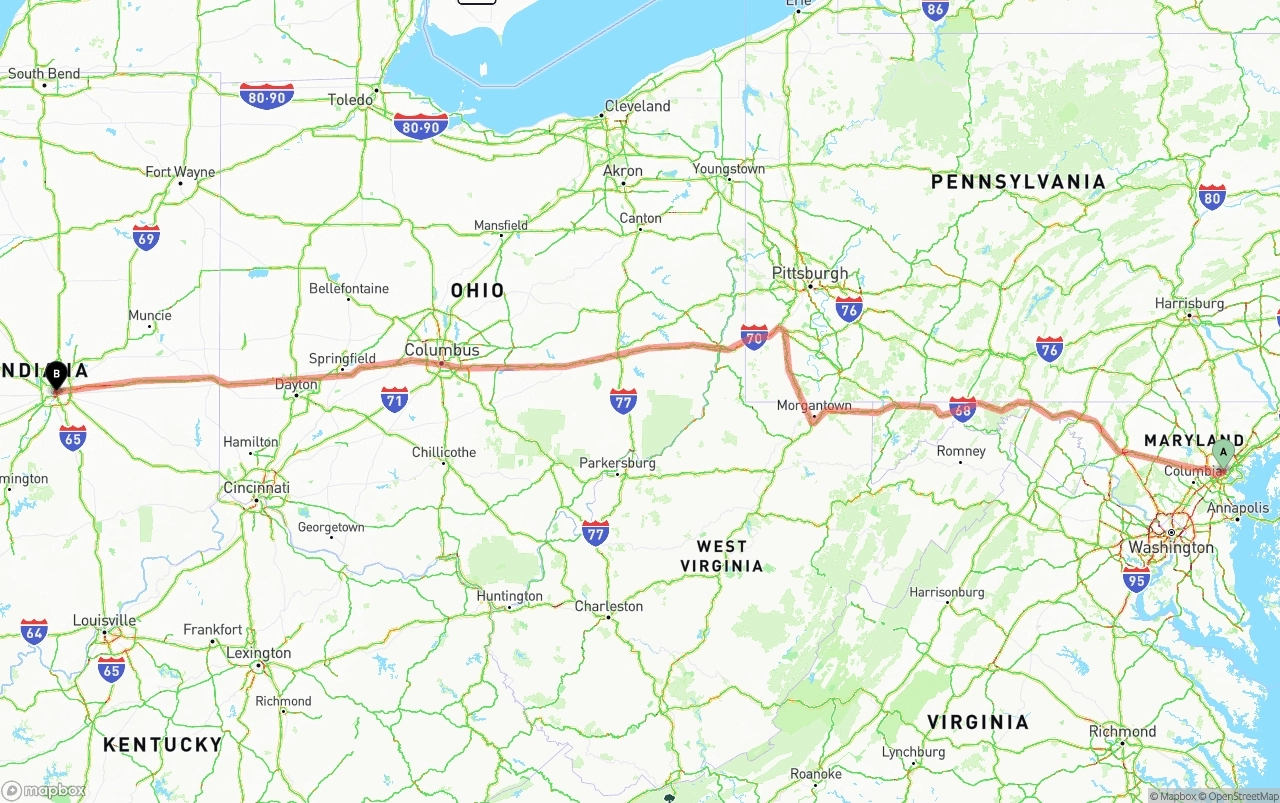 Shipping route from Port of Baltimore to Indianapolis