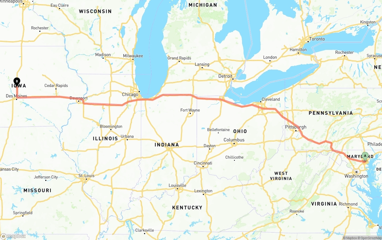 Shipping route from Port of Baltimore to Iowa