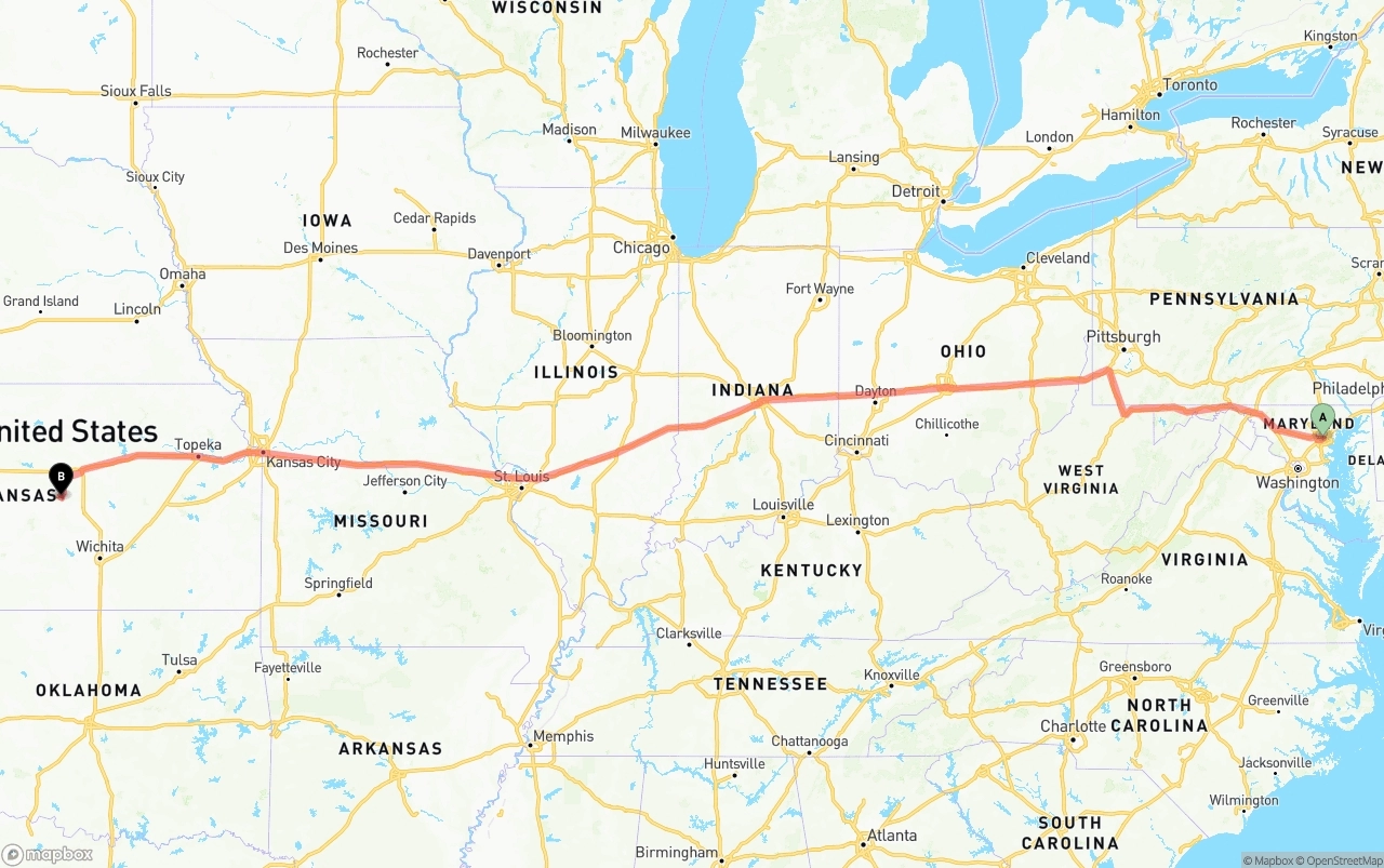 Shipping route from Port of Baltimore to Kansas