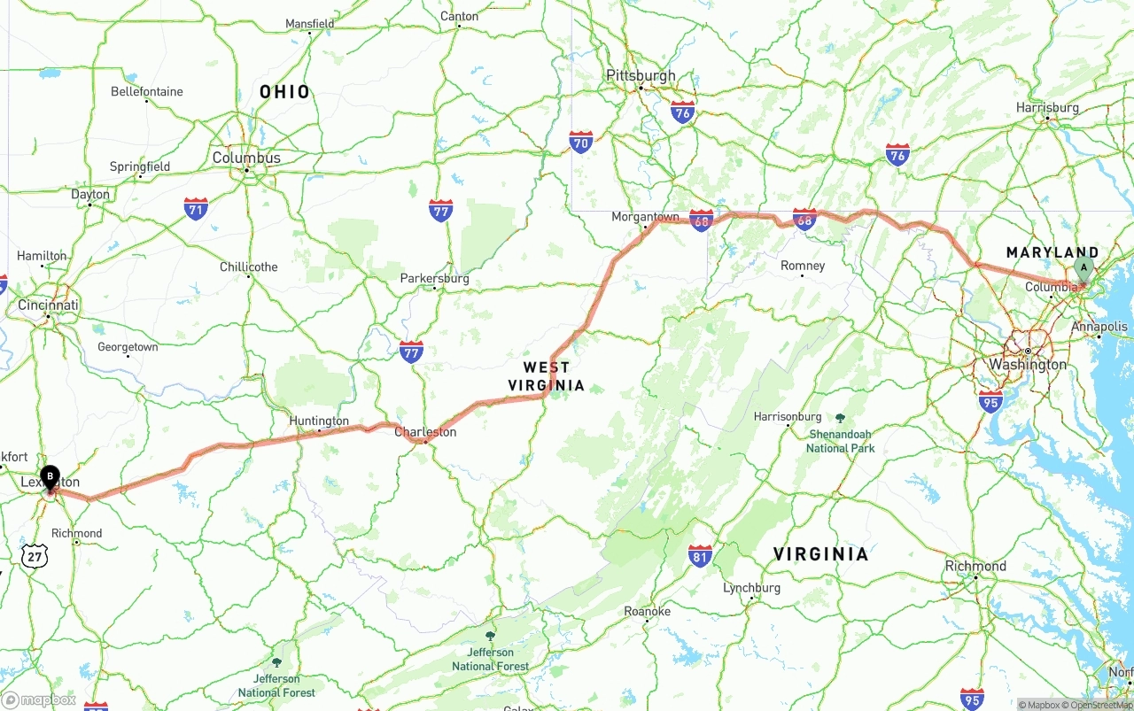 Shipping route from Port of Baltimore to Lexington