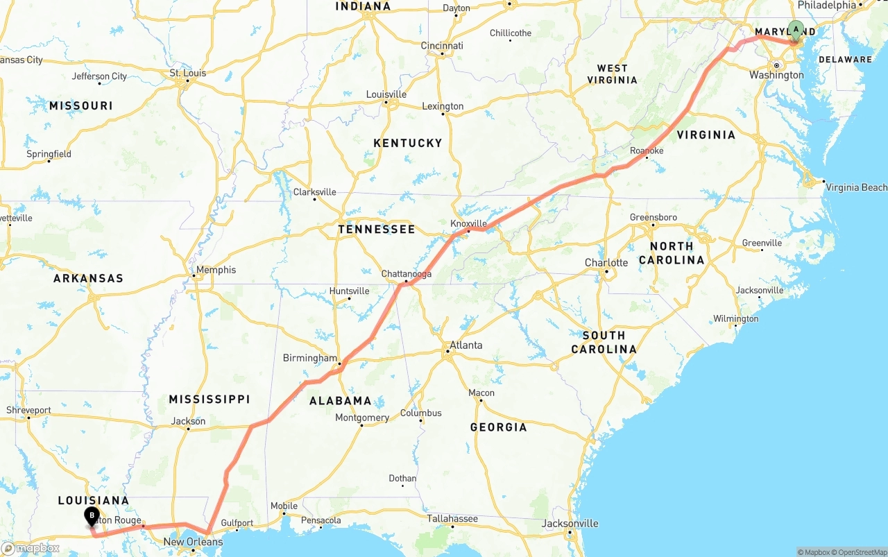 Shipping route from Port of Baltimore to Louisiana