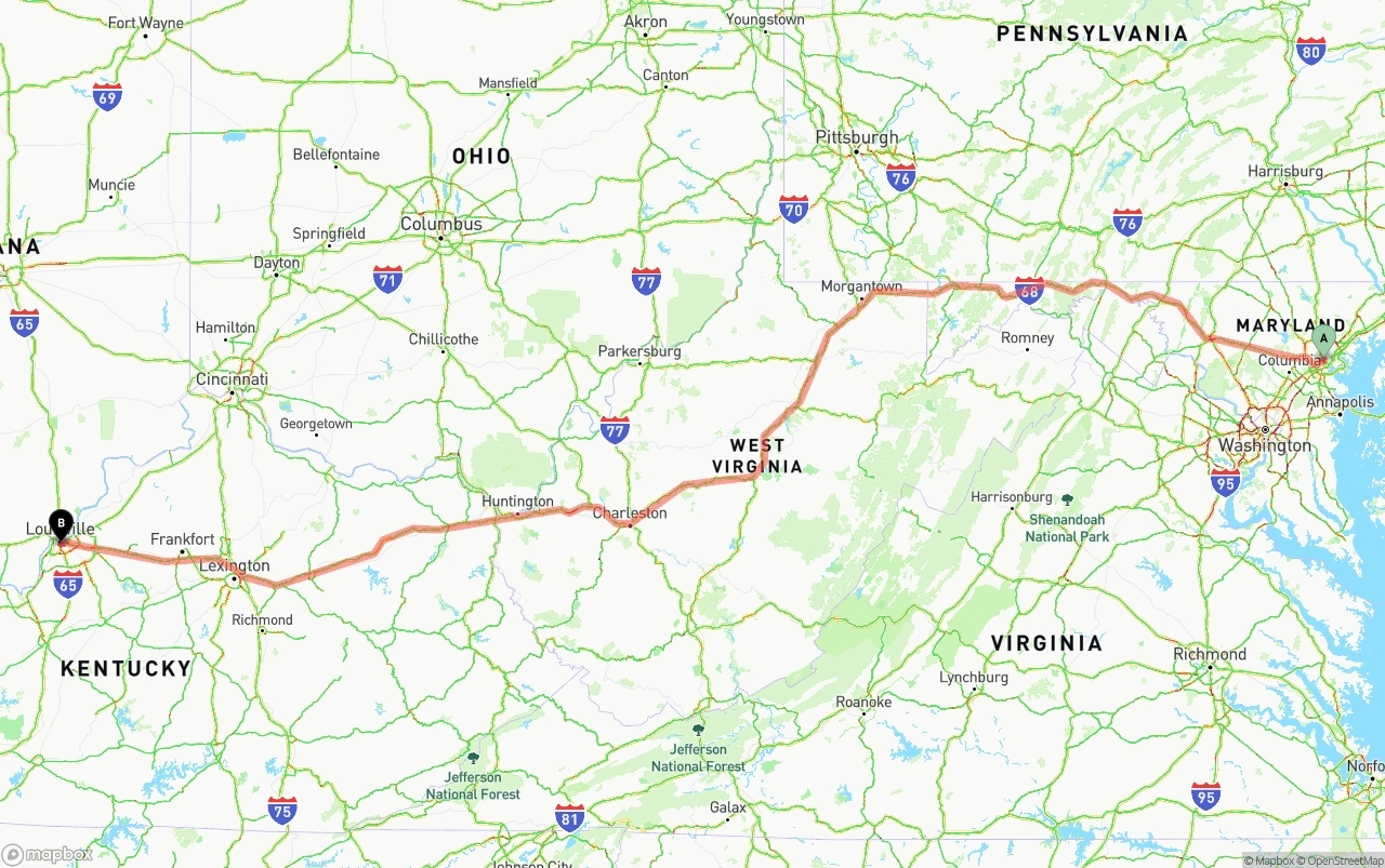 Shipping route from Port of Baltimore to Louisville
