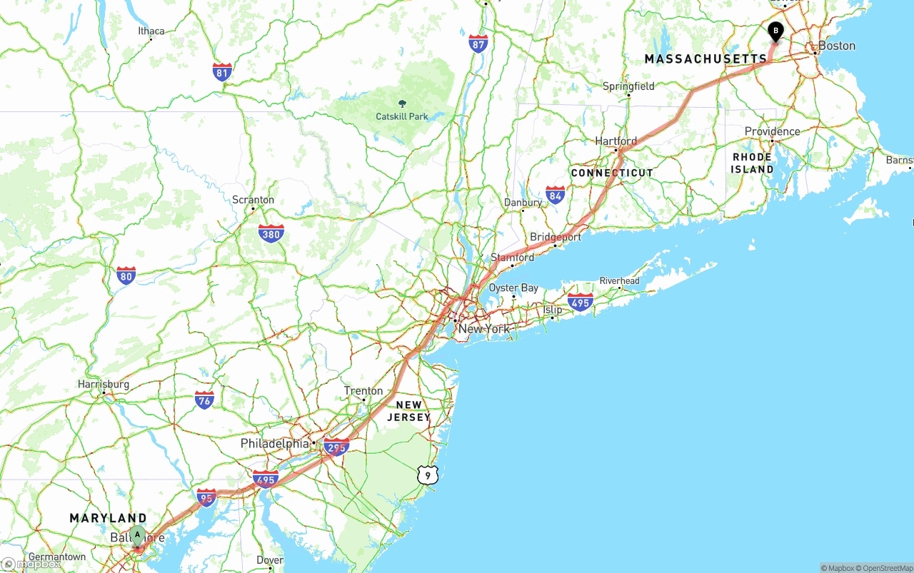 Shipping route from Port of Baltimore to Massachusetts