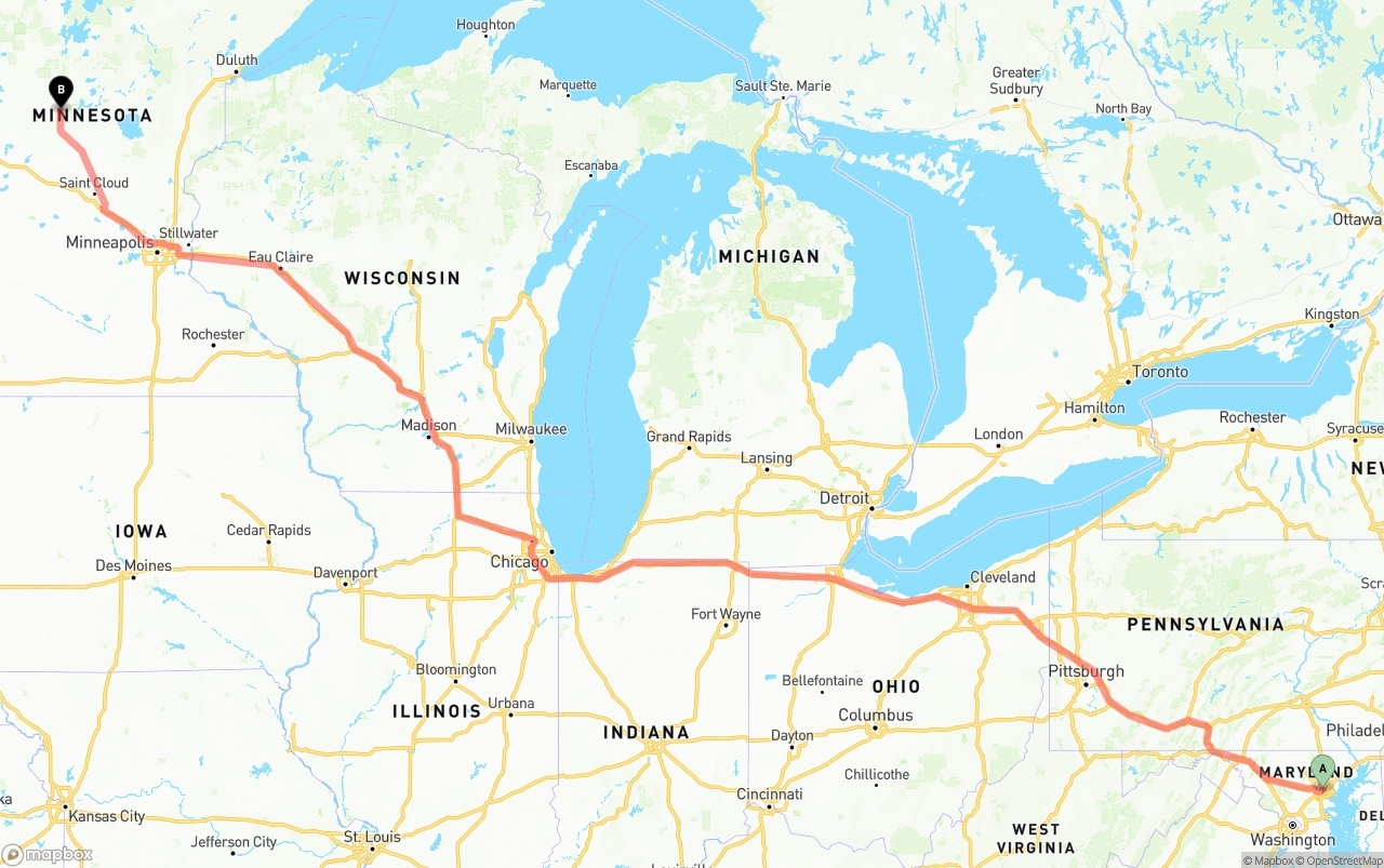 Shipping route from Port of Baltimore to Minnesota