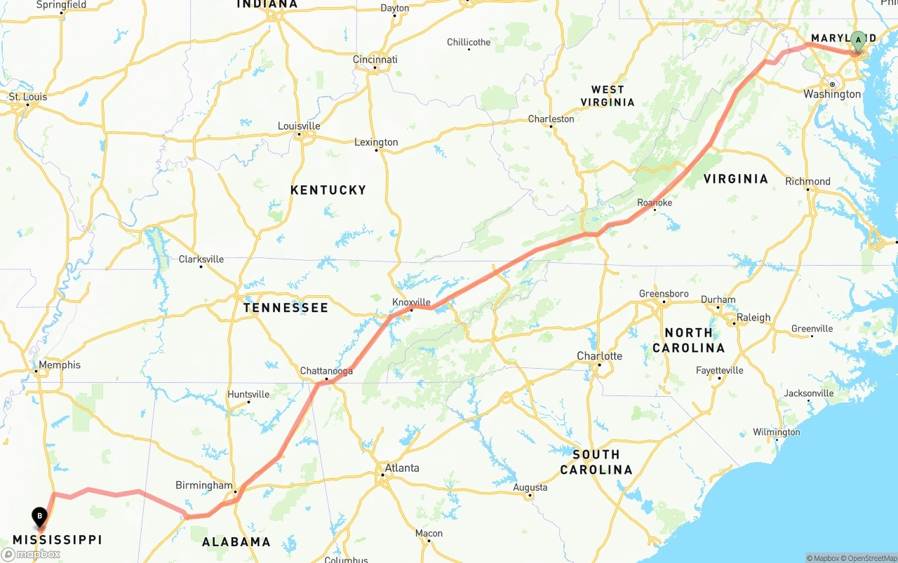 Shipping route from Port of Baltimore to Mississippi