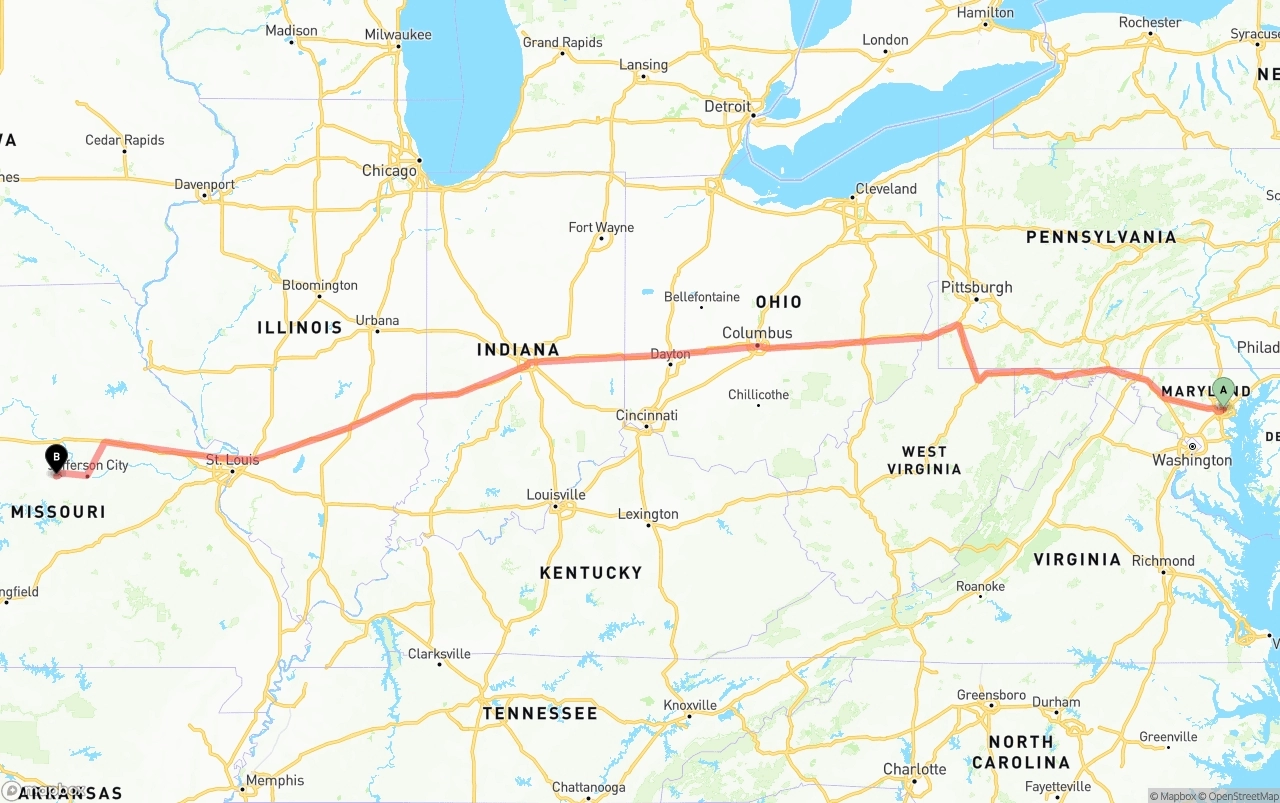 Shipping route from Port of Baltimore to Missouri