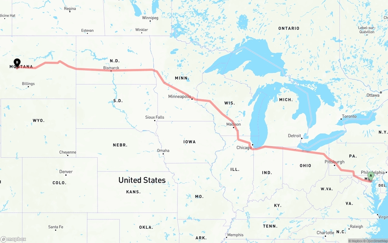 Shipping route from Port of Baltimore to Montana