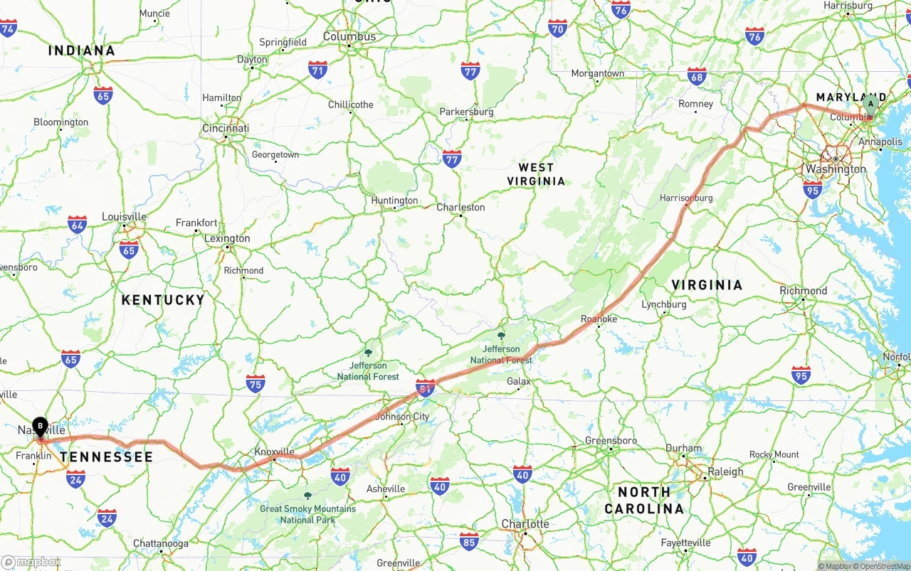 Shipping route from Port of Baltimore to Nashville