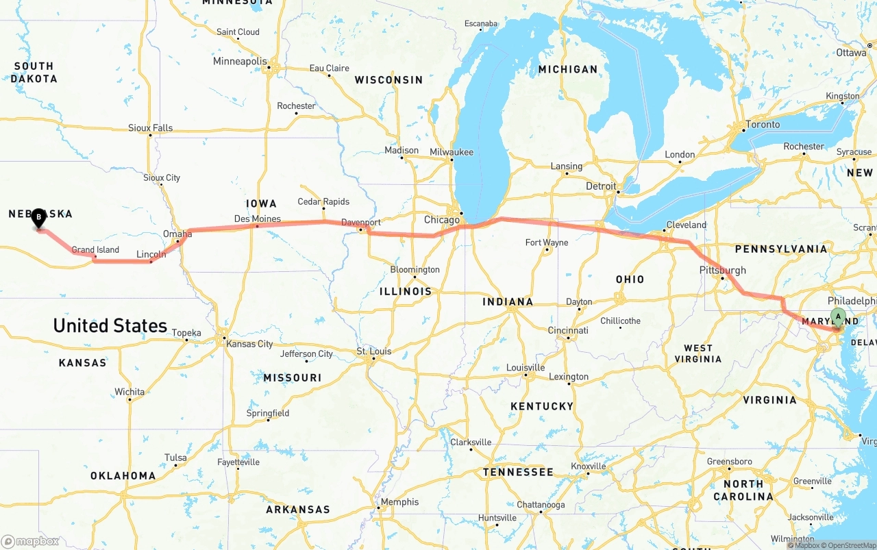 Shipping route from Port of Baltimore to Nebraska