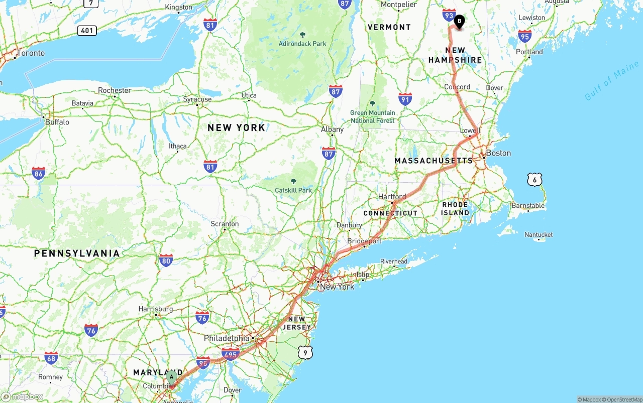 Shipping route from Port of Baltimore to New Hampshire