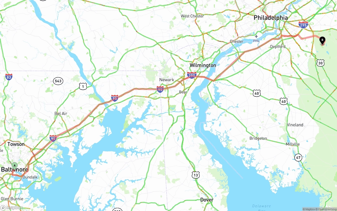Shipping route from Port of Baltimore to New Jersey