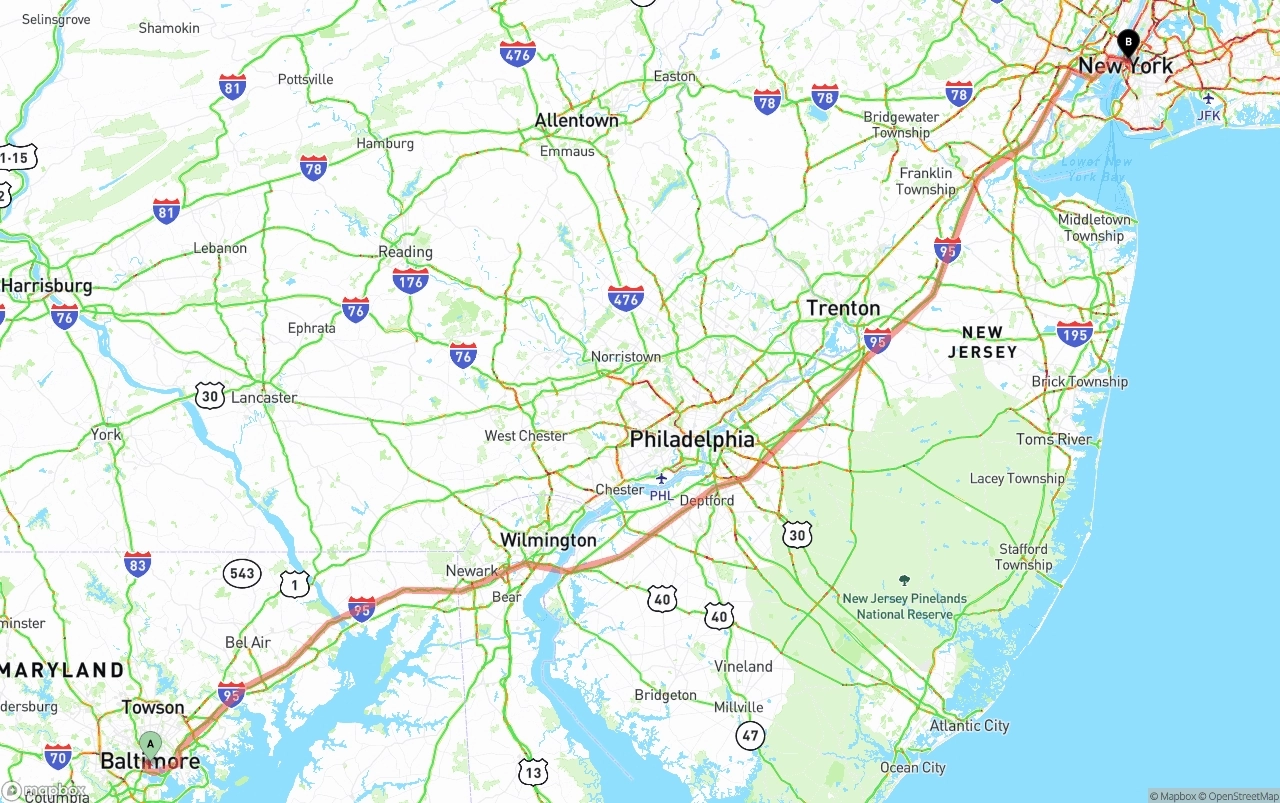 Shipping route from Port of Baltimore to New York City