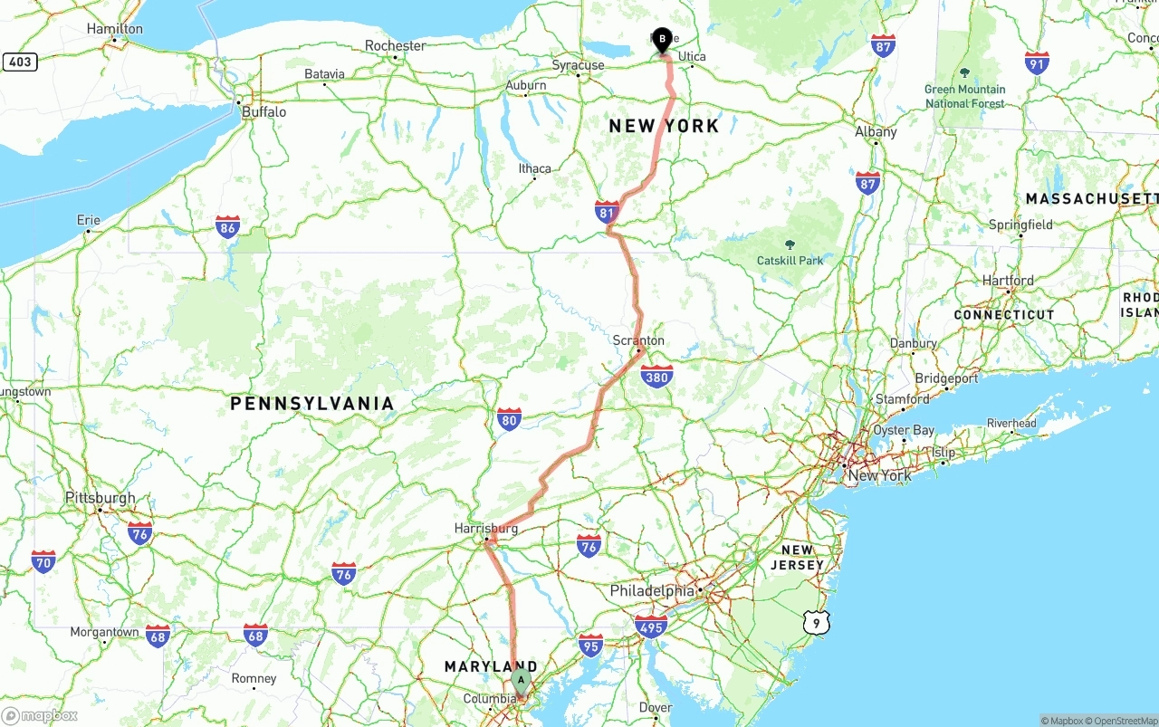 Shipping route from Port of Baltimore to New York
