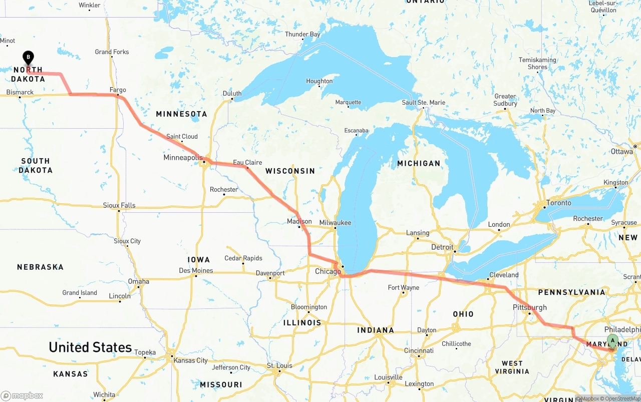 Shipping route from Port of Baltimore to North Dakota