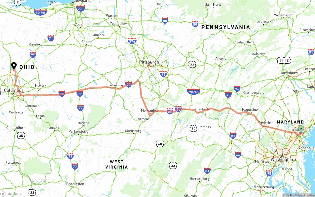 Shipping route from Port of Baltimore to Ohio