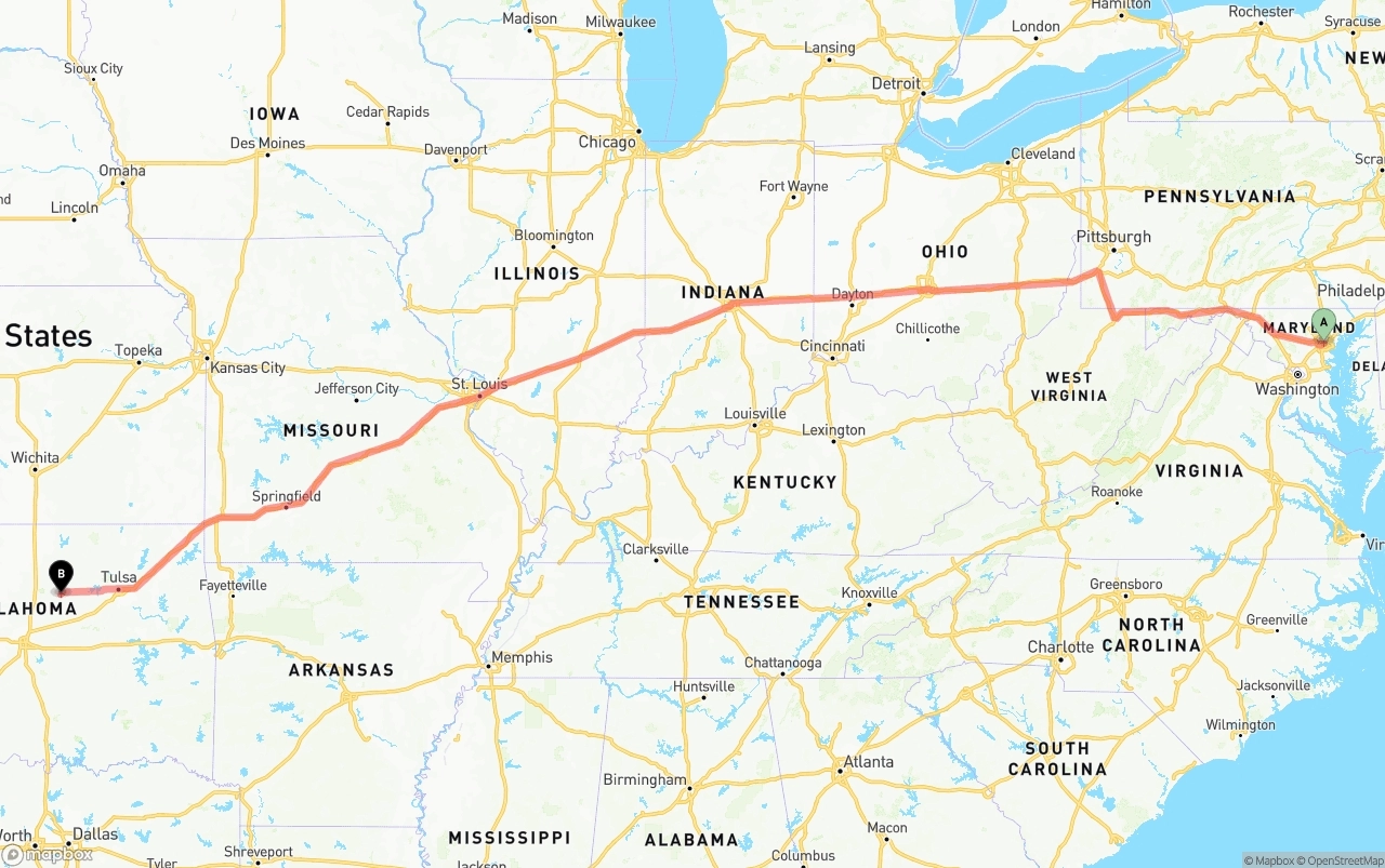 Shipping route from Port of Baltimore to Oklahoma