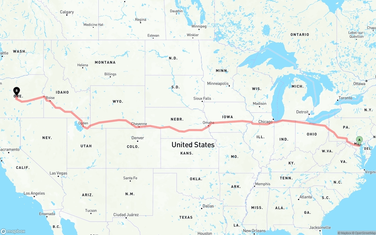 Shipping route from Port of Baltimore to Oregon