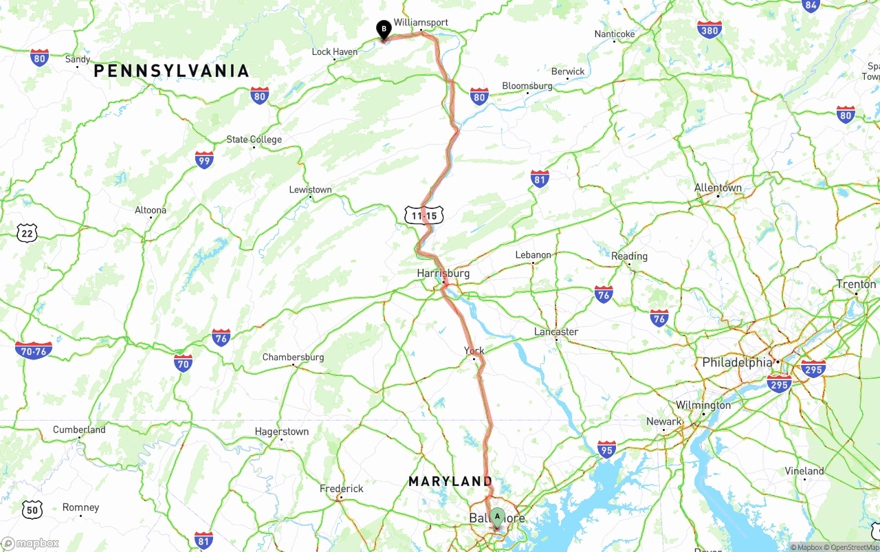 Shipping route from Port of Baltimore to Pennsylvania