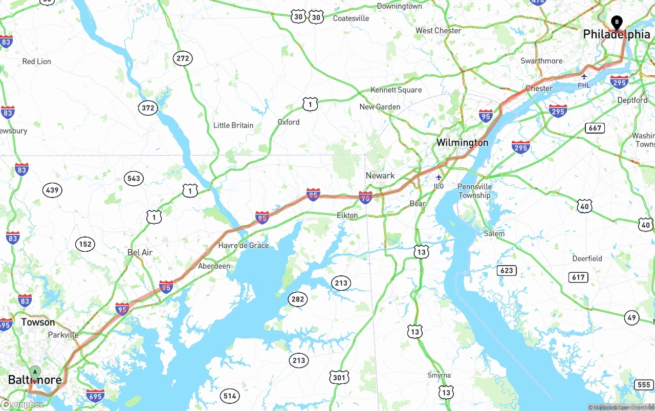 Shipping route from Port of Baltimore to Philadelphia