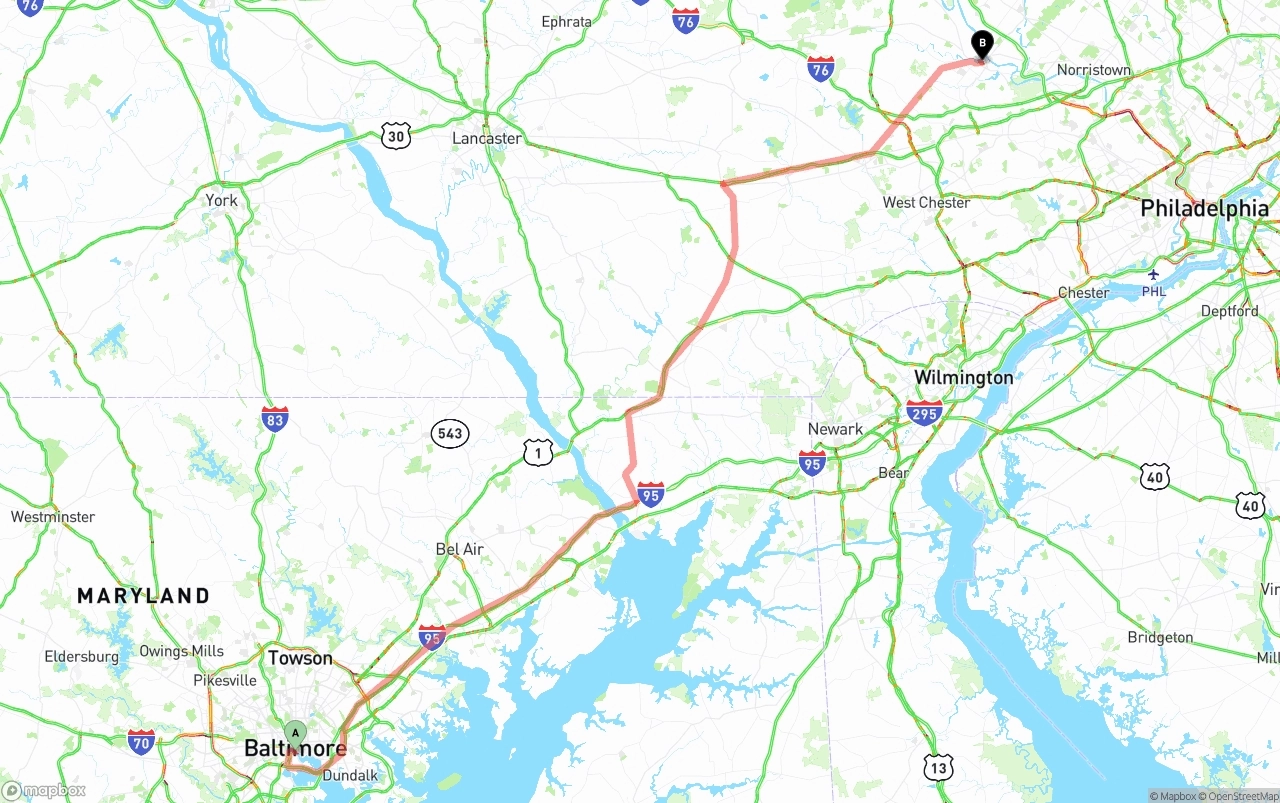 Shipping route from Port of Baltimore to Phoenix