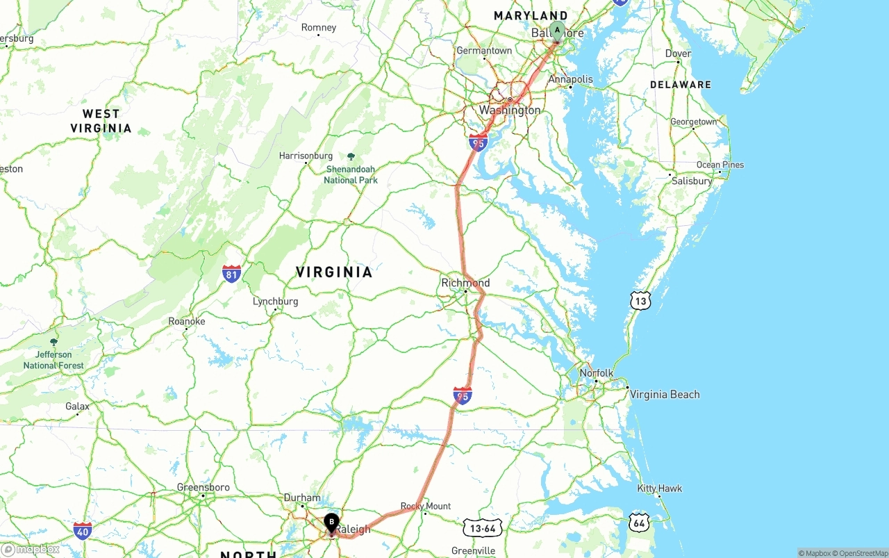 Shipping route from Port of Baltimore to Raleigh