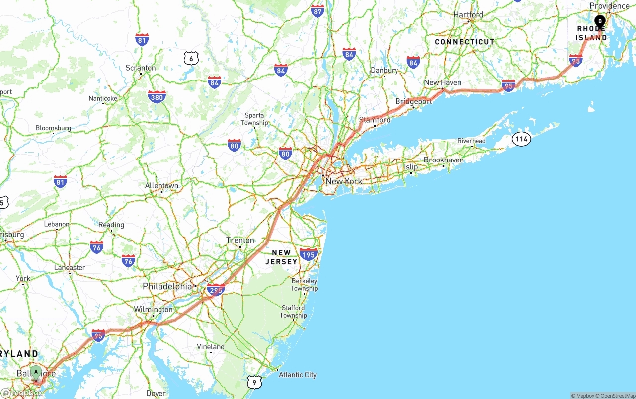 Shipping route from Port of Baltimore to Rhode Island