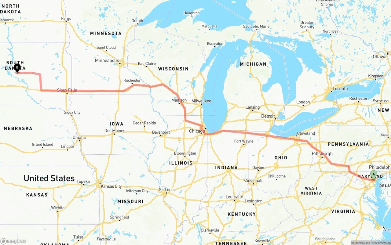 Shipping route from Port of Baltimore to South Dakota