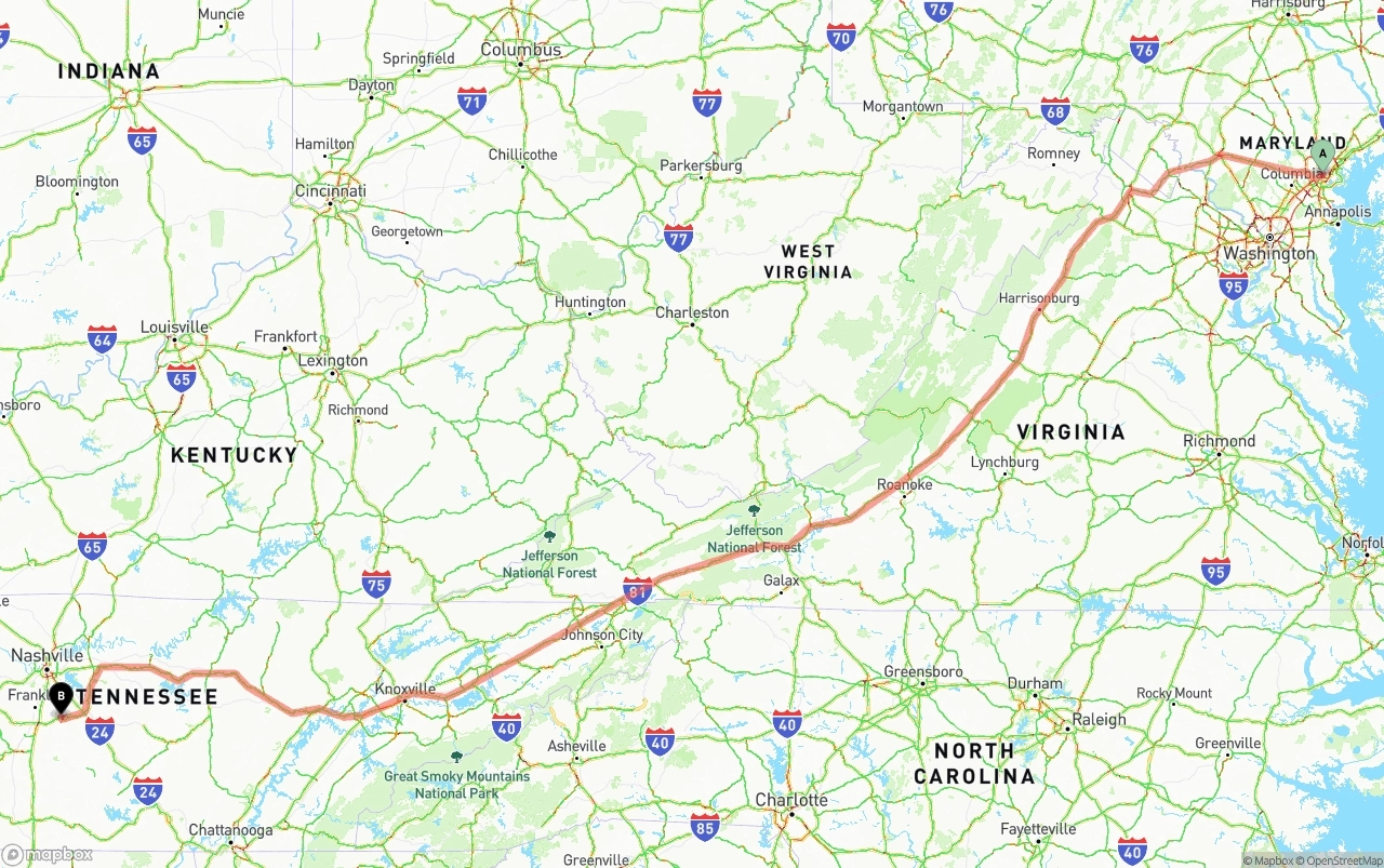 Shipping route from Port of Baltimore to Tennessee