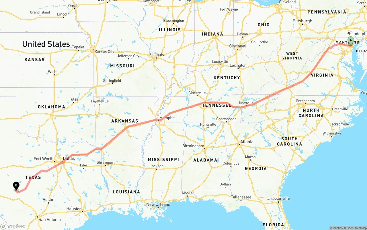 Shipping route from Port of Baltimore to Texas
