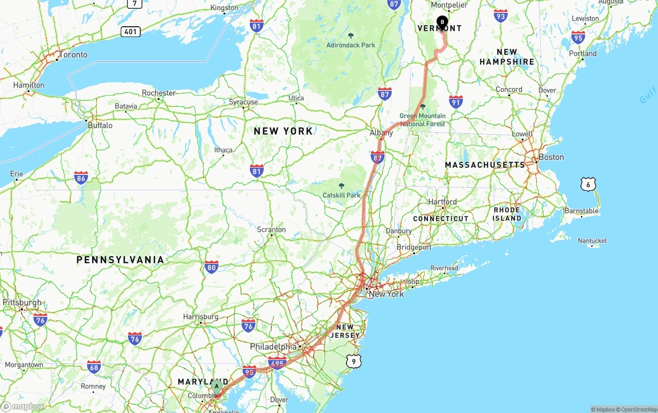 Shipping route from Port of Baltimore to Vermont