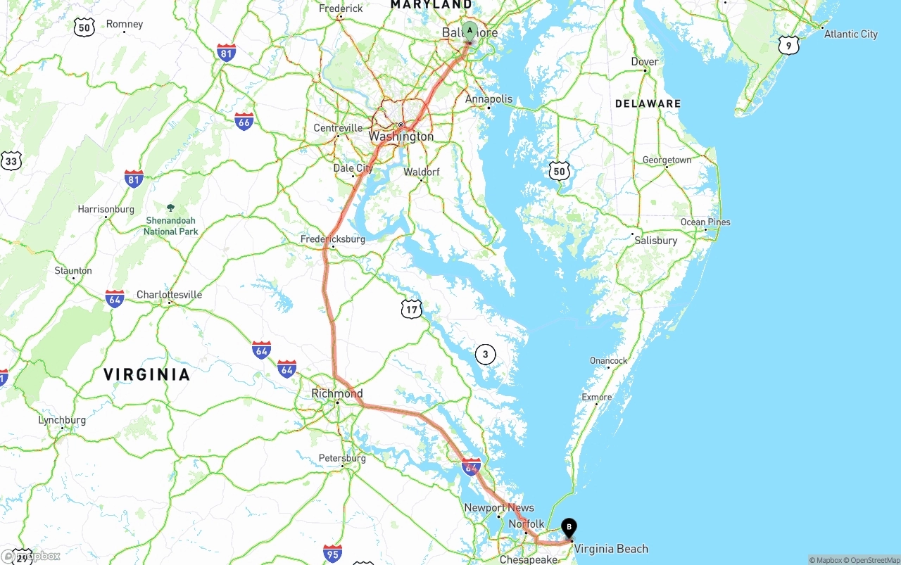 Shipping route from Port of Baltimore to Virginia Beach