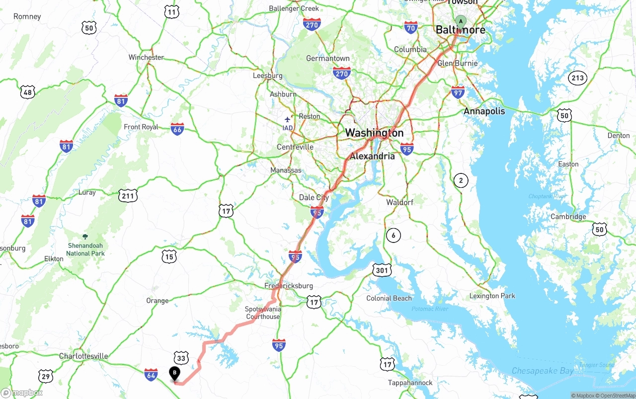 Shipping route from Port of Baltimore to Virginia