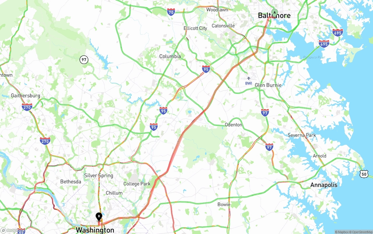 Shipping route from Port of Baltimore to Washington D.C.