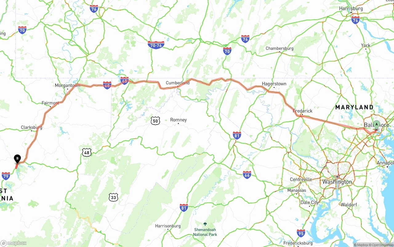 Shipping route from Port of Baltimore to West Virginia