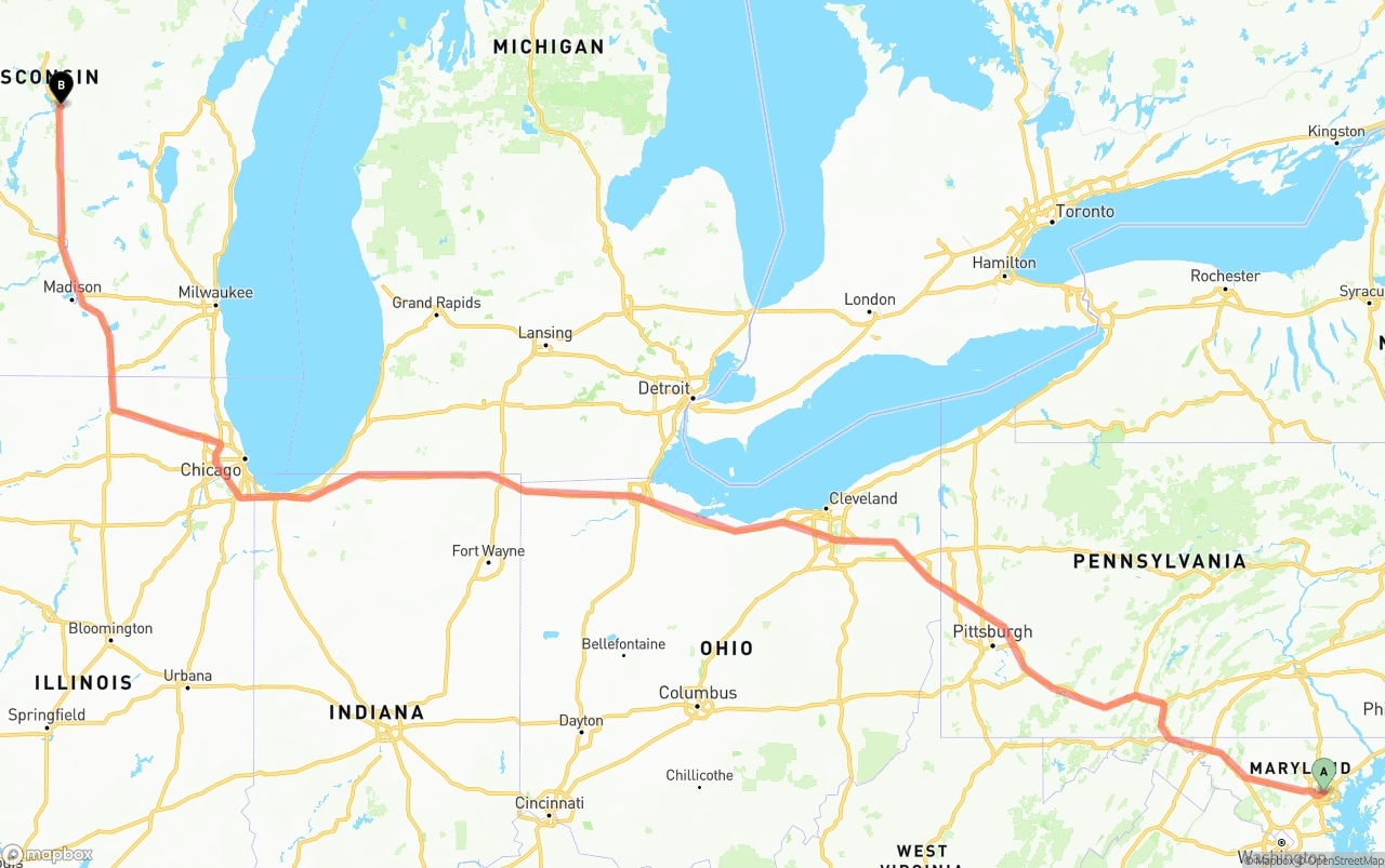 Shipping route from Port of Baltimore to Wisconsin