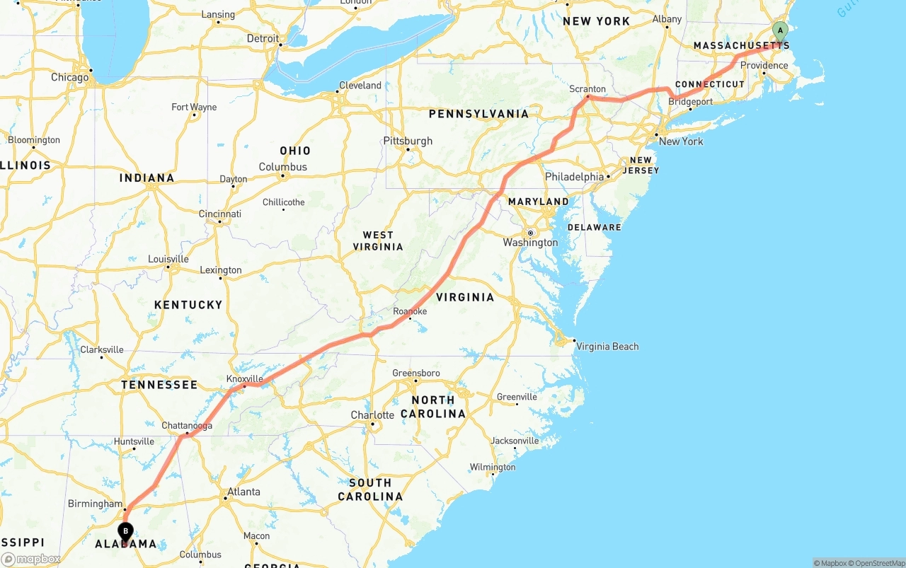 Shipping route from Port of Boston to Alabama