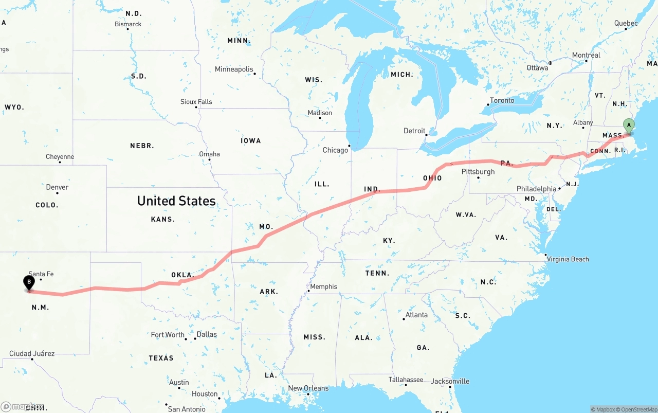 Shipping route from Port of Boston to Albuquerque