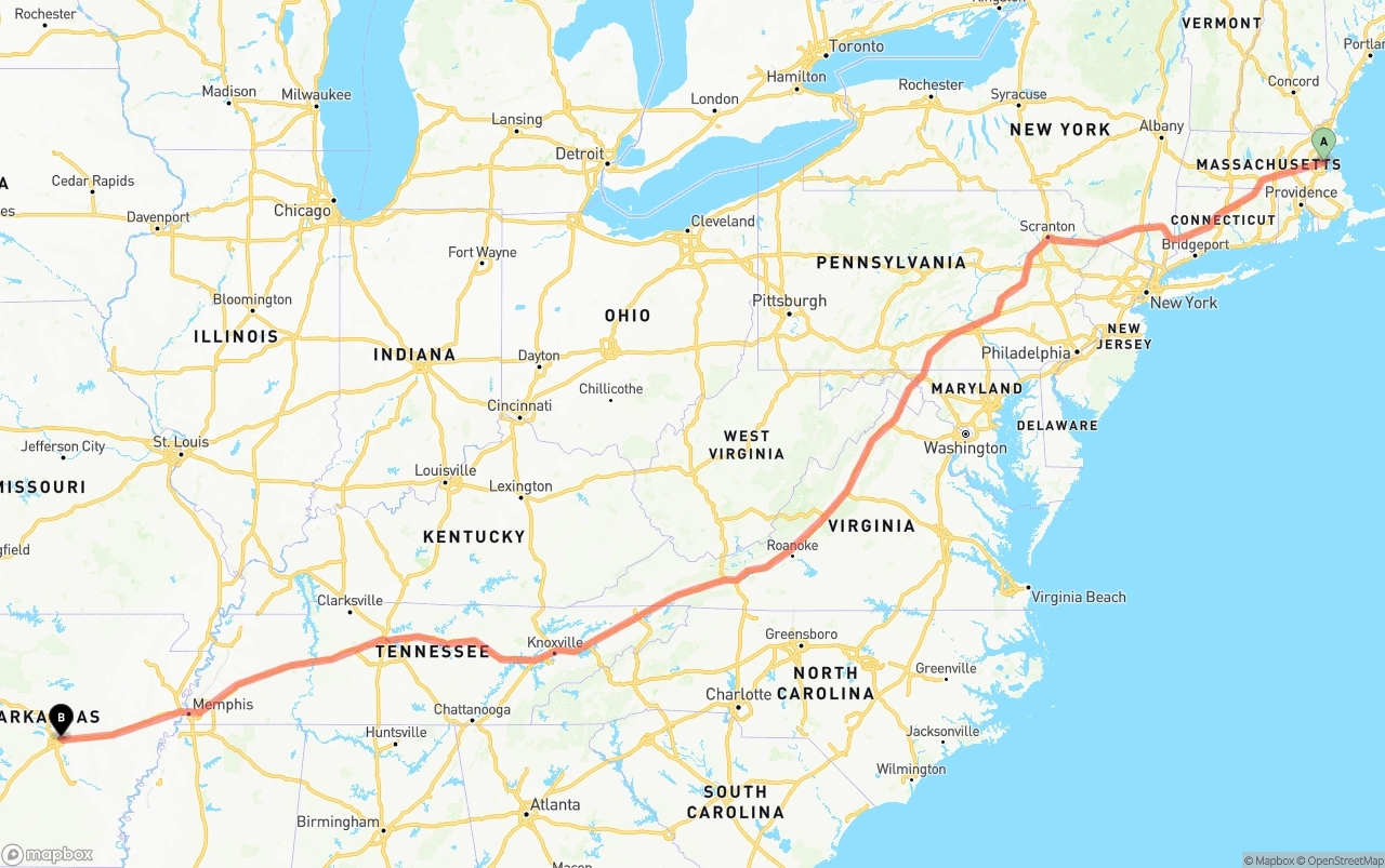 Shipping route from Port of Boston to Arkansas